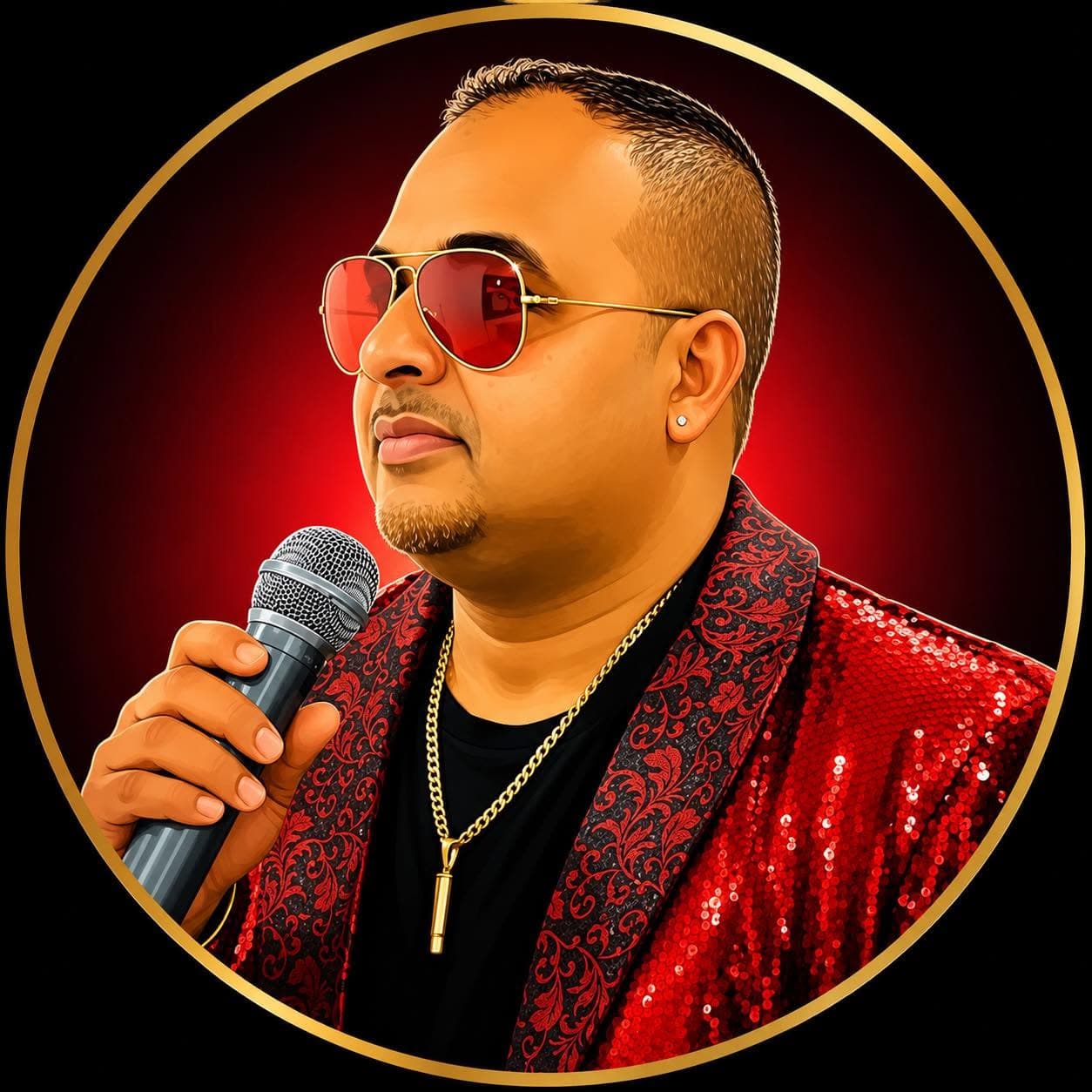 Anil Singh, professional singer, gold-framed portrait with a microphone