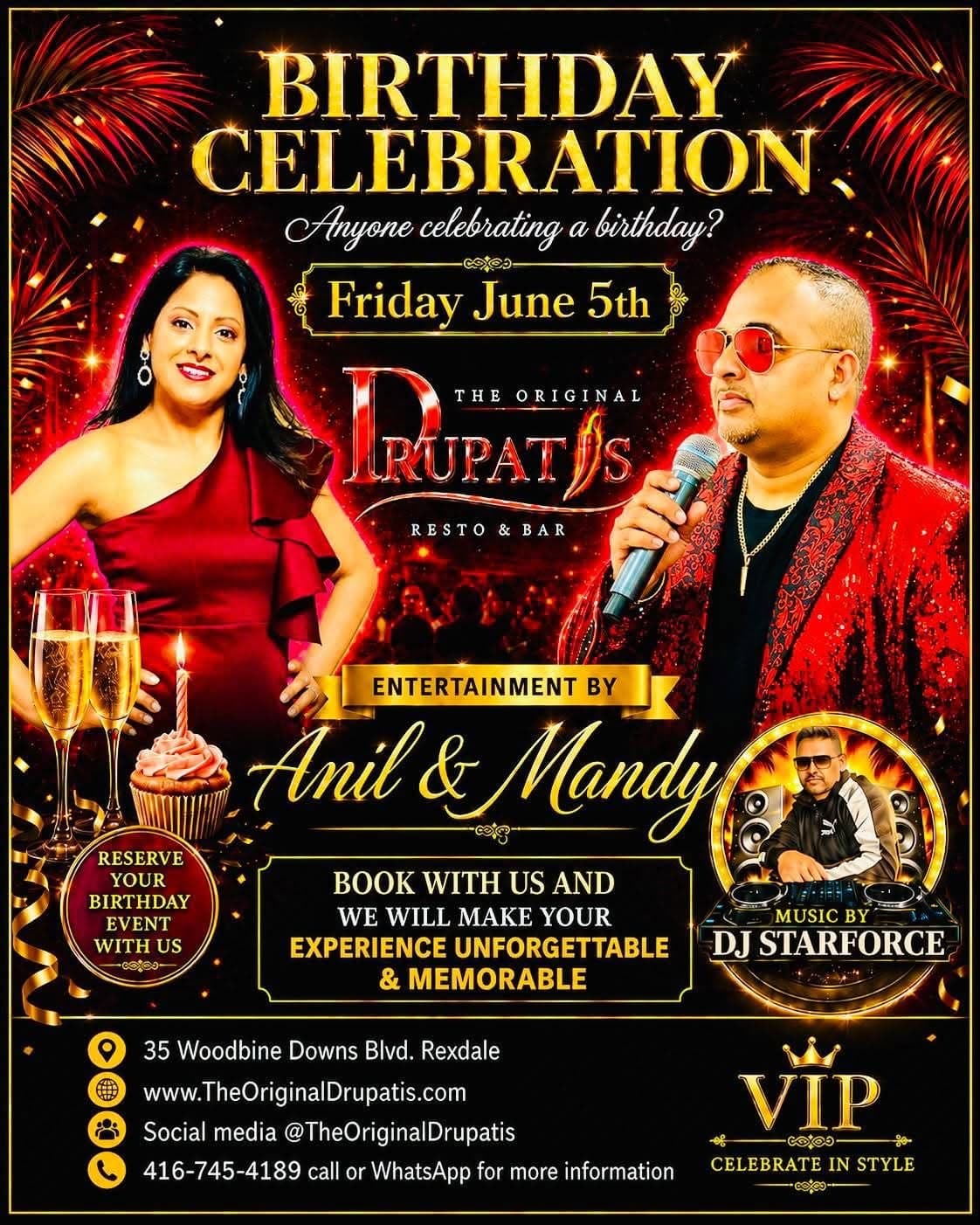 Birthday Celebration flyer with Anil and Mandy at The Original Drupati’s Resto & Bar in Rexdale
