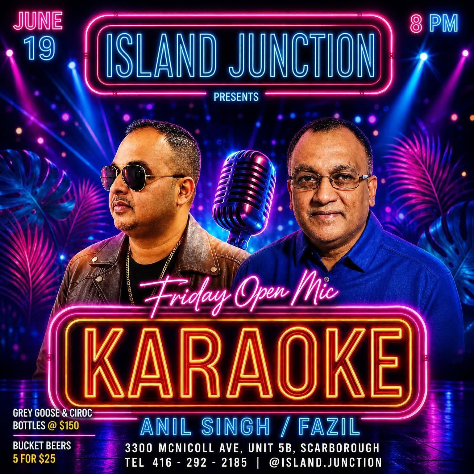 Island Junction Friday Open Mic Karaoke flyer with Anil Singh and Fazil