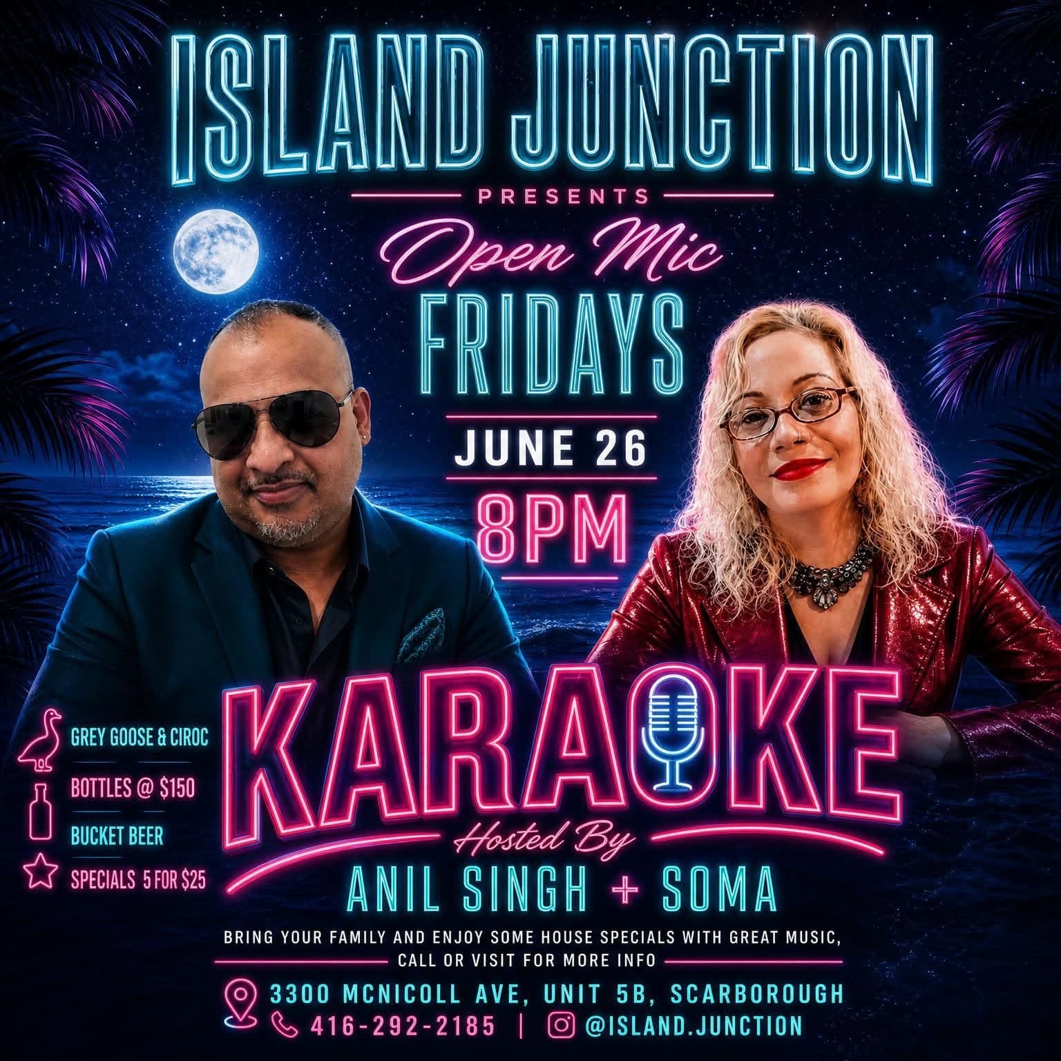 Island Junction Open Mic Fridays Karaoke flyer with Anil Singh and Soma