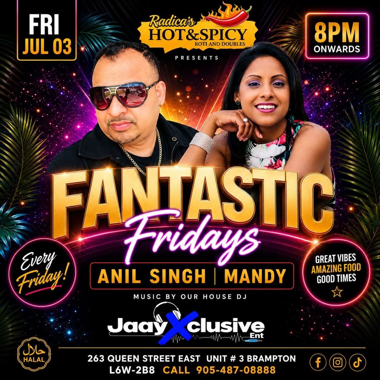 Fantastic Fridays flyer with Anil Singh and Mandy at Radica’s Hot & Spicy in Brampton