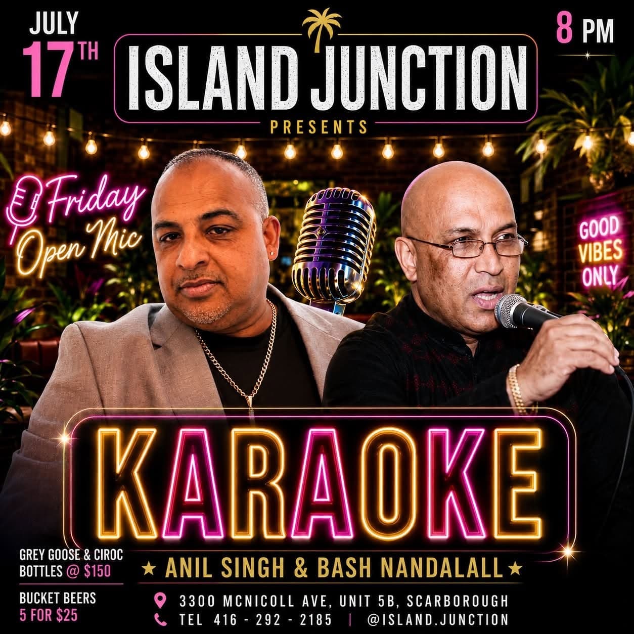 Island Junction Friday Open Mic Karaoke flyer with Anil Singh and Bash Nandalall