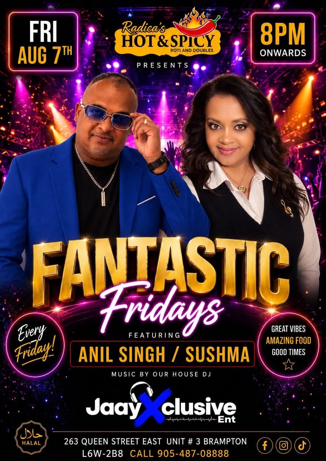 Fantastic Fridays flyer with Anil Singh and Sushma at Radica’s Hot & Spicy in Brampton