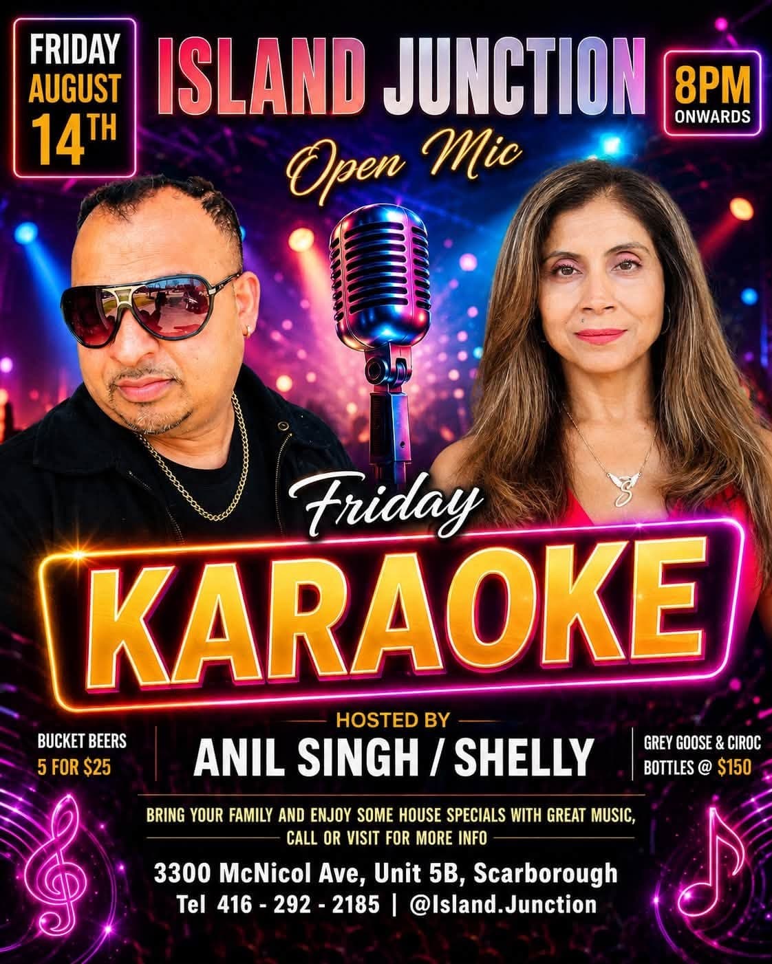 Island Junction Open Mic Friday Karaoke flyer with Anil Singh and Shelly