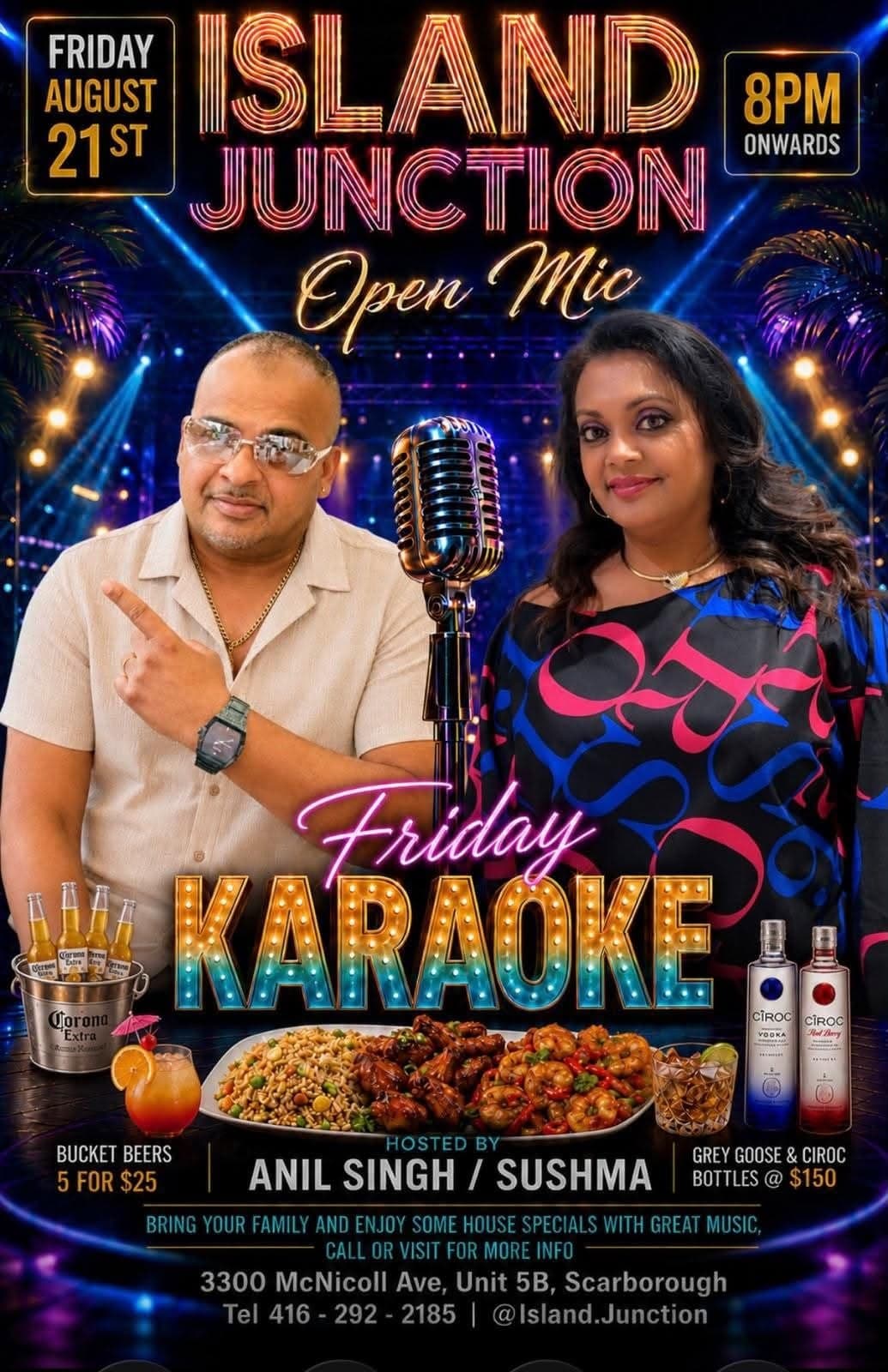 Island Junction Open Mic Friday Karaoke flyer with Anil Singh and Sushma