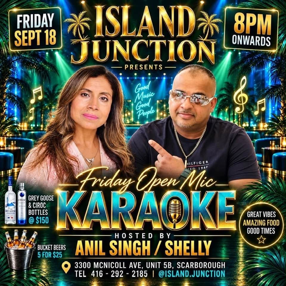 Island Junction Friday Open Mic Karaoke flyer with Anil Singh and Shelly