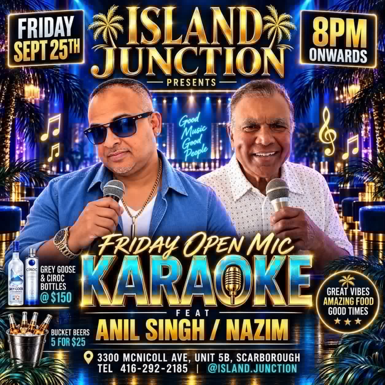 Island Junction Friday Open Mic Karaoke flyer with Anil Singh and Nazim