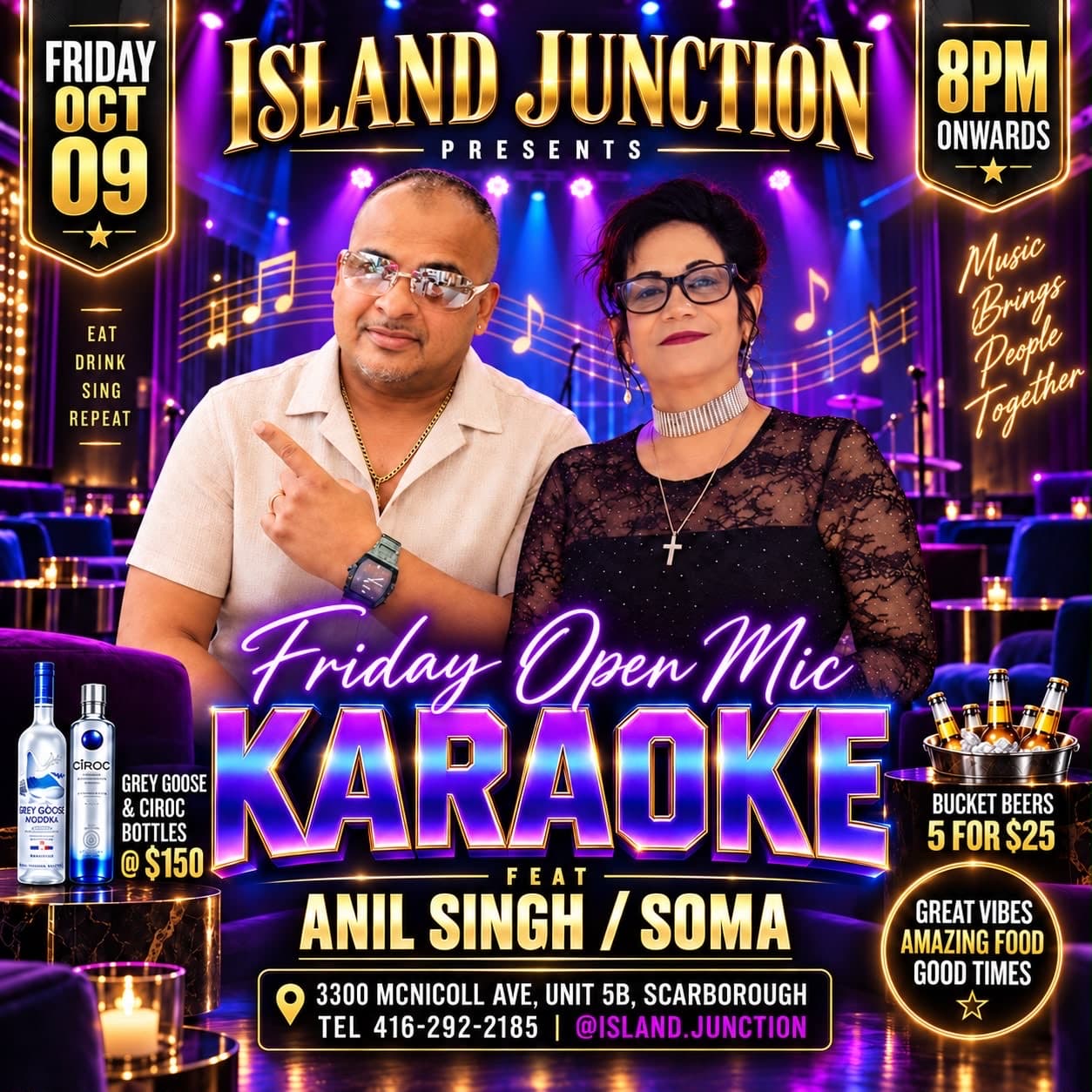 Island Junction Friday Open Mic Karaoke flyer with Anil Singh and Soma