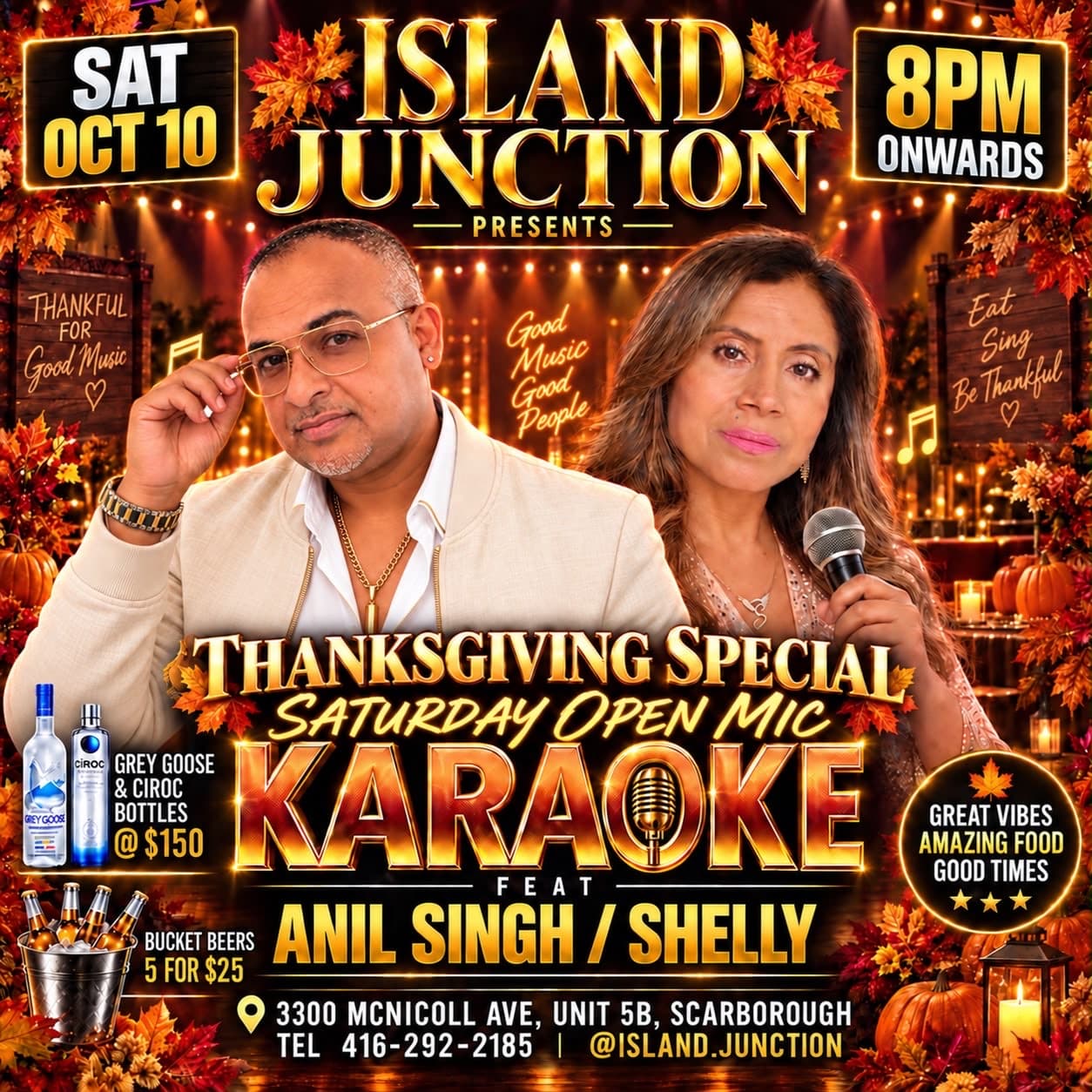 Island Junction Thanksgiving Special Saturday Open Mic Karaoke flyer with Anil Singh and Shelly