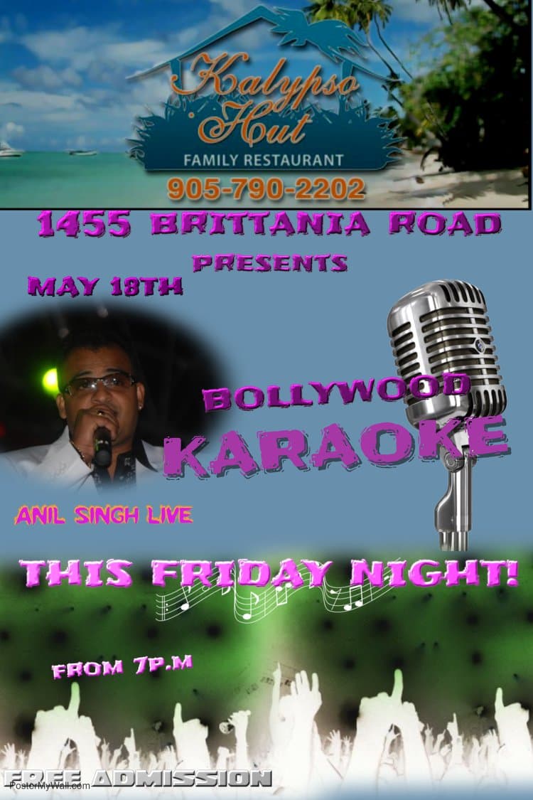 Bollywood Karaoke flyer with Anil Singh live at Kalypso Hut Family Restaurant on Britannia Road