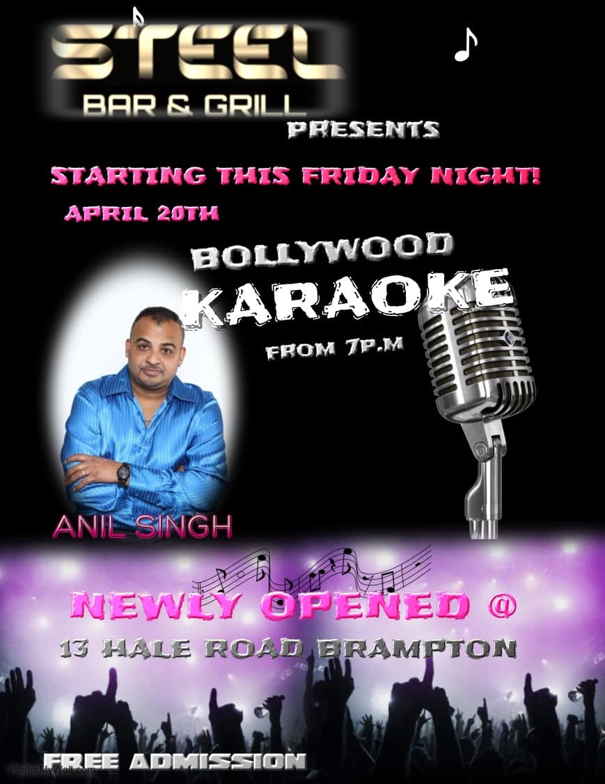 Bollywood Karaoke flyer featuring Anil Singh at Steel Bar & Grill on Hale Road in Brampton