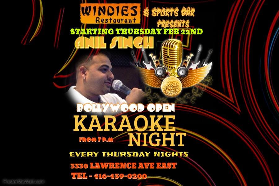 Bollywood Open Karaoke Night flyer featuring Anil Singh at Windies Restaurant & Sports Bar on Lawrence Avenue East