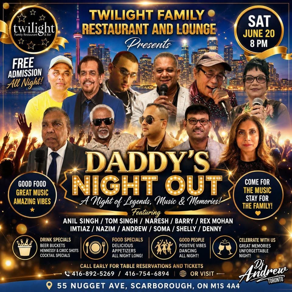 Daddy’s Night Out flyer at Twilight Family Restaurant and Lounge in Scarborough, featuring Anil Singh among the performers