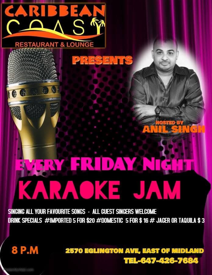 Karaoke Jam flyer hosted by Anil Singh at Caribbean Coast Restaurant & Lounge in Scarborough